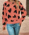 Kadın Uzun Kollu Bisiklet Yaka Kalp Desenli Iki Iplik Bluz