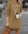 Kadın Uzun Kollu Bisiklet Yaka Kalp Desenli Kısa Viskon Elbise