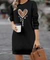 Kadın Uzun Kollu Bisiklet Yaka Kalp Desenli Kısa Viskon Elbise