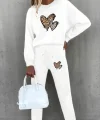 Kadın Uzun Kollu Bisiklet Yaka Kalp Desenli şardonlu üç Iplik Bluz Ve Pantolon Ikili Takım