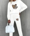 Kadın Uzun Kollu Bisiklet Yaka Kalp Desenli şardonlu üç Iplik Bluz Ve Pantolon Ikili Takım