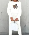 Kadın Uzun Kollu Bisiklet Yaka Kalp Desenli şardonlu üç Iplik Bluz Ve Pantolon Ikili Takım