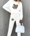 Kadın Uzun Kollu Bisiklet Yaka Kalp Desenli şardonlu üç Iplik Bluz Ve Pantolon Ikili Takım