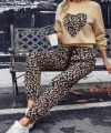 Kadın Uzun Kollu Bisiklet Yaka Kalp Leopar Baskılı Alt Ve üst Dalgıç Ikili Takım