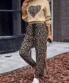 Kadın Uzun Kollu Bisiklet Yaka Kalp Leopar Baskılı Alt Ve üst Dalgıç Ikili Takım