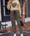 Kadın Uzun Kollu Bisiklet Yaka Kalp Leopar Baskılı Alt Ve üst Dalgıç Ikili Takım