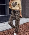 Kadın Uzun Kollu Bisiklet Yaka Kalp Leopar Baskılı Alt Ve üst Dalgıç Ikili Takım