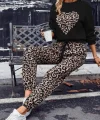 Kadın Uzun Kollu Bisiklet Yaka Kalp Leopar Baskılı Alt Ve üst Dalgıç Ikili Takım BEJ