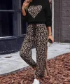 Kadın Uzun Kollu Bisiklet Yaka Kalp Leopar Baskılı Alt Ve üst Dalgıç Ikili Takım BEJ