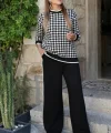 Kadın Uzun Kollu Bisiklet Yaka Kazayağı Desenli Iki Iplik Bluz Ve Viskon Iki Iplik Pantolon Ikili Takım