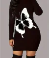 Kadın Uzun Kollu Bisiklet Yaka Kelebek Desenli Kısa Viskon Iki Iplik Elbise