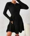 Kadın Uzun Kollu Bisiklet Yaka Kemersiz Eteği Pileli şardonlu Kaşkorse Elbise