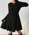 Kadın Uzun Kollu Bisiklet Yaka Kemersiz Eteği Pileli şardonlu Kaşkorse Elbise