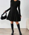 Kadın Uzun Kollu Bisiklet Yaka Kemersiz Eteği Pileli şardonlu Kaşkorse Elbise