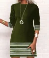 Kadın Uzun Kollu Bisiklet Yaka Kol Ağzı Ve Etek Ucu Baskılı Iki Iplik Elbise