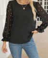 Kadın Uzun Kollu Bisiklet Yaka Kollar Incili Tül Detaylı Ithal Krep Bluz