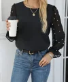 Kadın Uzun Kollu Bisiklet Yaka Kollar Incili Tül Detaylı Ithal Krep Bluz