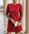Kadın Uzun Kollu Bisiklet Yaka Kollar Leopar Detay Iki Iplik Mini Boy Elbise