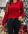 Kadın Uzun Kollu Bisiklet Yaka Kollar Pulpayet Kadife Bluz