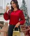 Kadın Uzun Kollu Bisiklet Yaka Kollar Pulpayet Kadife Bluz