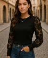 Kadın Uzun Kollu Bisiklet Yaka Kolları çiçekli Waffle Bluz