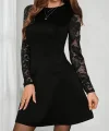 Kadın Uzun Kollu Bisiklet Yaka Kolları Tül Detaylı Mini Ithal Krep Elbise