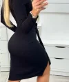 Kadın Uzun Kollu Bisiklet Yaka Kuşaklı Kruvaze Yırtmaç Detay Viskon Elbise