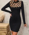 Kadın Uzun Kollu Bisiklet Yaka Lazer Kesim Inci Detay Viskon Iki Iplik Mini Boy Elbise