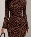 Kadın Uzun Kollu Bisiklet Yaka Leopar Desenli Dalgıç Mini Elbise