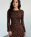 Kadın Uzun Kollu Bisiklet Yaka Leopar Desenli Dalgıç Mini Elbise