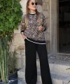 Kadın Uzun Kollu Bisiklet Yaka Leopar Desenli Iki Iplik Bluz Ve Viskon Iki Iplik Pantolon Ikili Takım