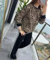 Kadın Uzun Kollu Bisiklet Yaka Leopar Desenli Iki Iplik Bluz Ve Viskon Iki Iplik Pantolon Ikili Takım