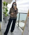 Kadın Uzun Kollu Bisiklet Yaka Leopar Desenli Iki Iplik Bluz Ve Viskon Iki Iplik Pantolon Ikili Takım