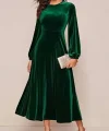 Kadın Uzun Kollu Bisiklet Yaka Midi Kadife Elbise