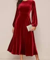 Kadın Uzun Kollu Bisiklet Yaka Midi Kadife Elbise