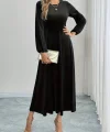 Kadın Uzun Kollu Bisiklet Yaka Midi Kadife Elbise