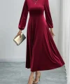 Kadın Uzun Kollu Bisiklet Yaka Midi Kadife Elbise