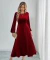 Kadın Uzun Kollu Bisiklet Yaka Midi Kadife Elbise