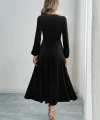 Kadın Uzun Kollu Bisiklet Yaka Midi Kadife Elbise
