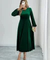 Kadın Uzun Kollu Bisiklet Yaka Midi Kadife Elbise