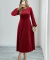 Kadın Uzun Kollu Bisiklet Yaka Midi Kadife Elbise