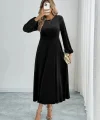 Kadın Uzun Kollu Bisiklet Yaka Midi Kadife Elbise