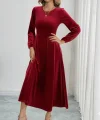 Kadın Uzun Kollu Bisiklet Yaka Midi Kadife Elbise
