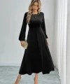 Kadın Uzun Kollu Bisiklet Yaka Midi Kadife Elbise