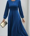 Kadın Uzun Kollu Bisiklet Yaka Midi Kadife Mavi Elbise