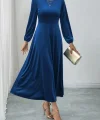 Kadın Uzun Kollu Bisiklet Yaka Midi Kadife Mavi Elbise