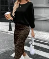 Kadın Uzun Kollu Bisiklet Yaka Modal Bluz Ve Leopar Desenli Etek Ikili Takım