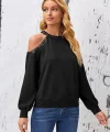 Kadın Uzun Kollu Bisiklet Yaka Omuz Açık Detaylı Krep Bluz