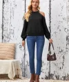 Kadın Uzun Kollu Bisiklet Yaka Omuz Açık Detaylı Krep Bluz