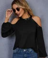 Kadın Uzun Kollu Bisiklet Yaka Omuz Açık Detaylı Krep Bluz